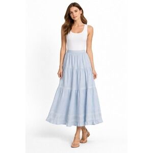 Vintage Bill Blass Petites Tiered Flowy Maxi Cotton Skirt, Light Blue size‎ 12P